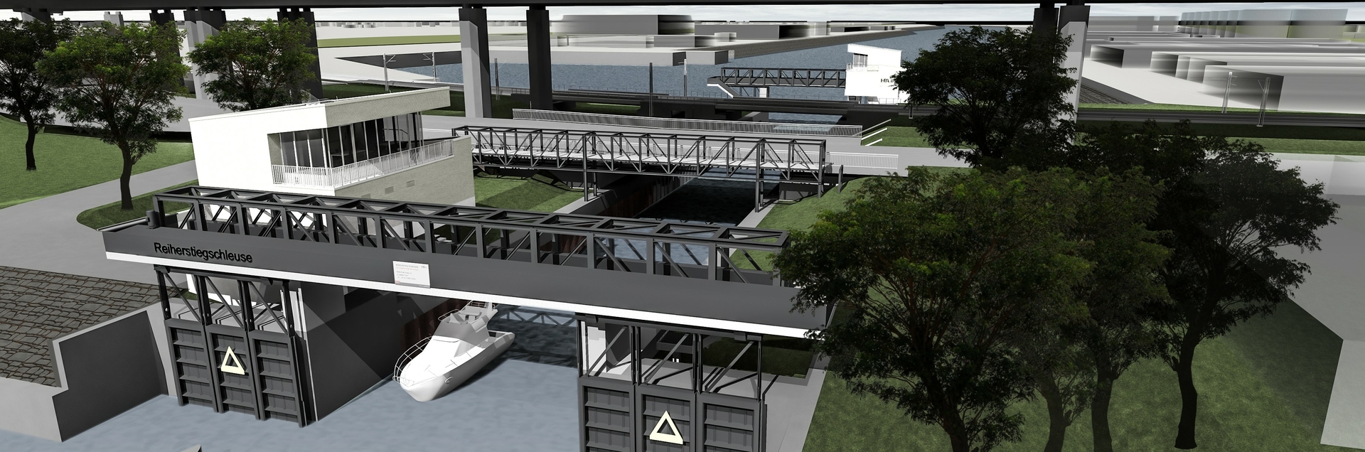 Überschrift: Neubau der Reiherstiegschleuse und Straßenbrücke